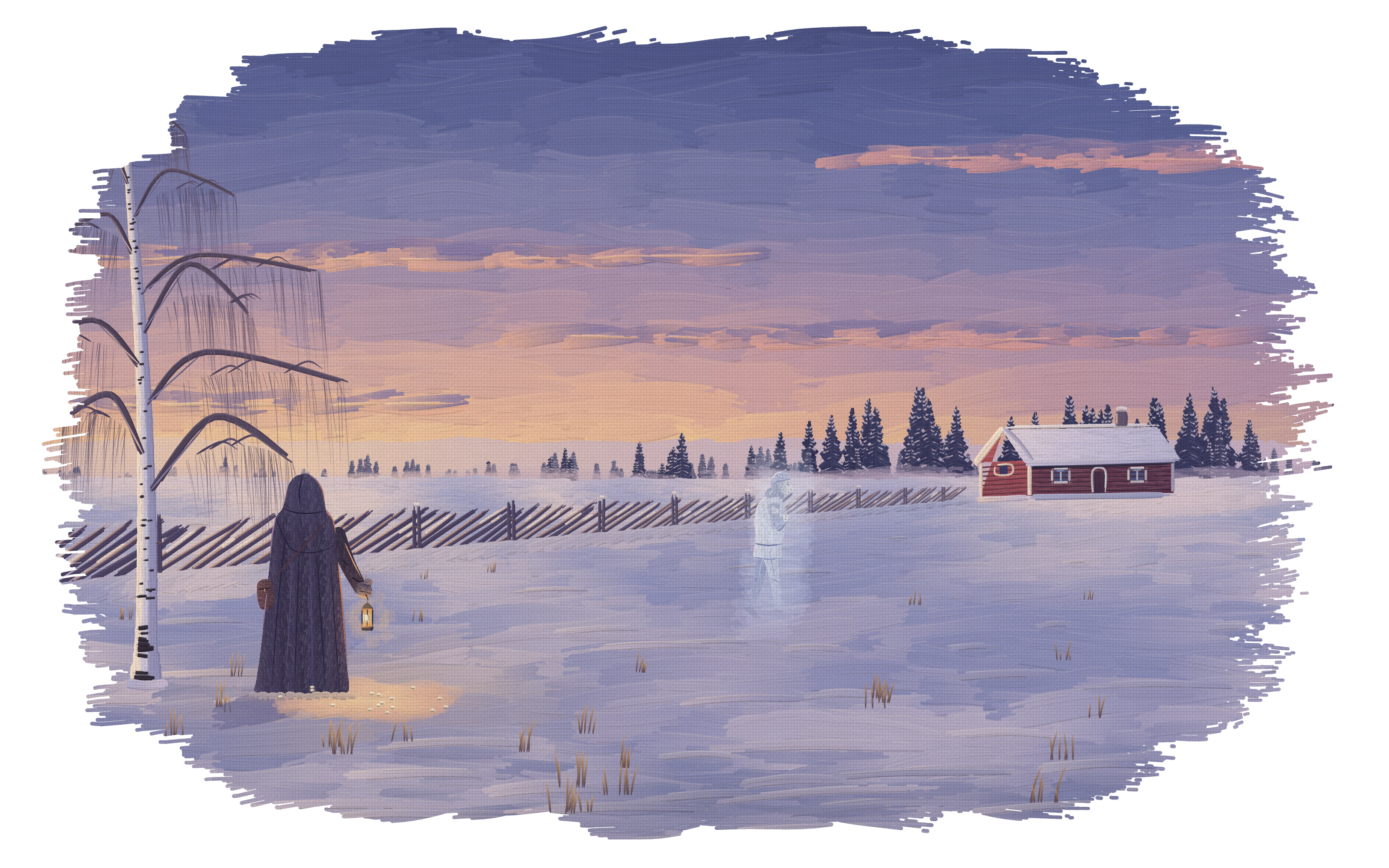 An oil painting at dusk: the pale shade of a farmhand crosses a snowbound pasture by a lonely red croft, watched by a hooded figure with a lantern.