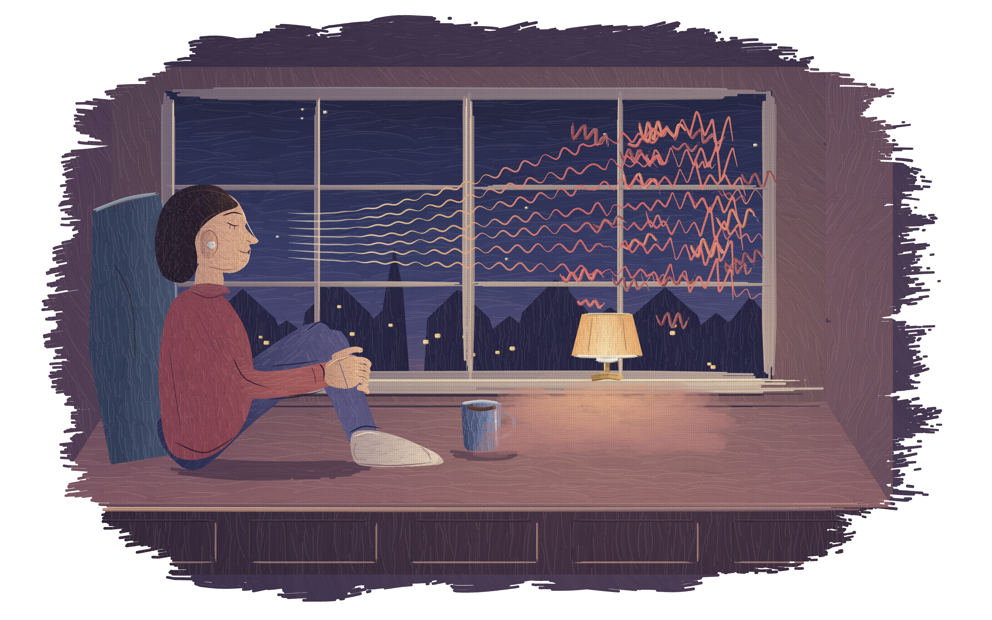 An oil painting of a lamplit window seat at night: someone listens with eyes closed while spiky strokes of noise from the town outside smooth into calm lines before they reach them.