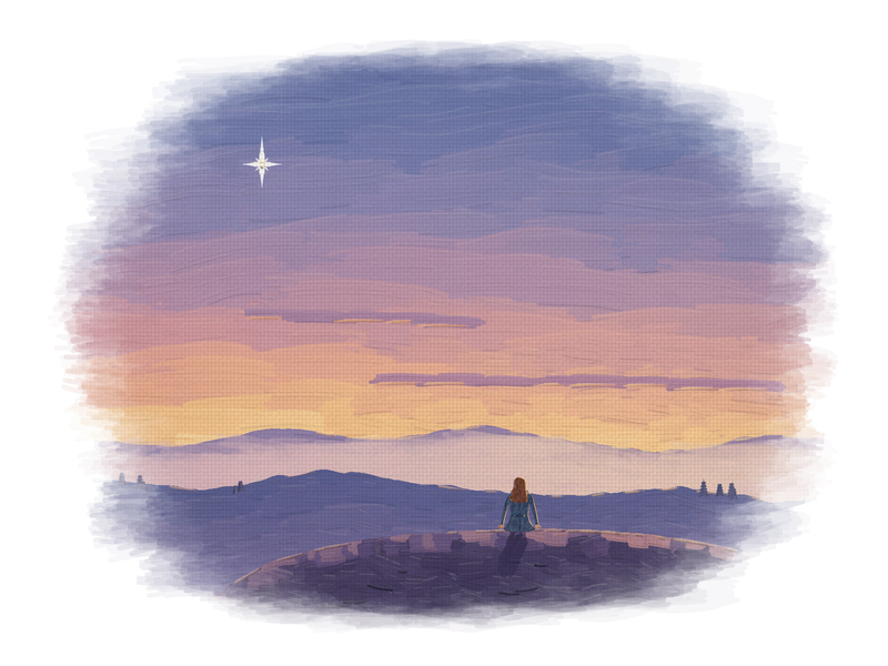 At dusk a small woman sits on a rock, looking up at the first star over misty hills.