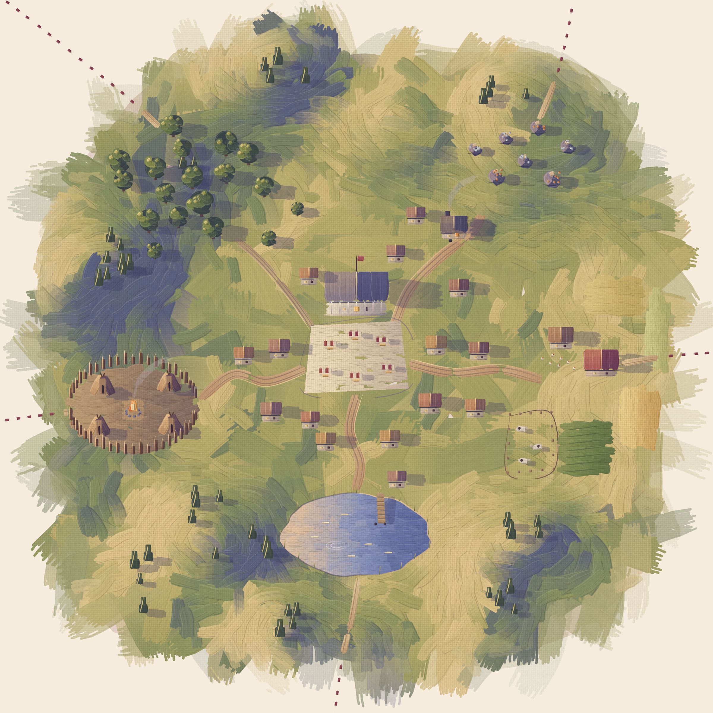 An oil-painted map of a warm valley at golden hour: a small market town at its heart, with an oak grove, copper and tin rocks, a fishing pond, a farm and a goblin camp around it.