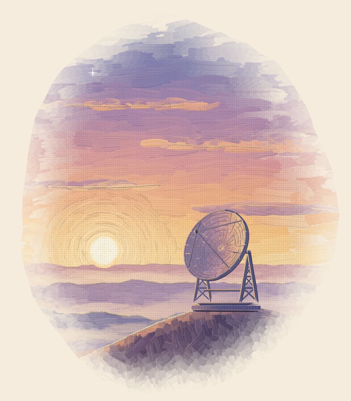 An oil painting at golden hour: a small radio dish on a knoll of rock, under a low sun and one small star.