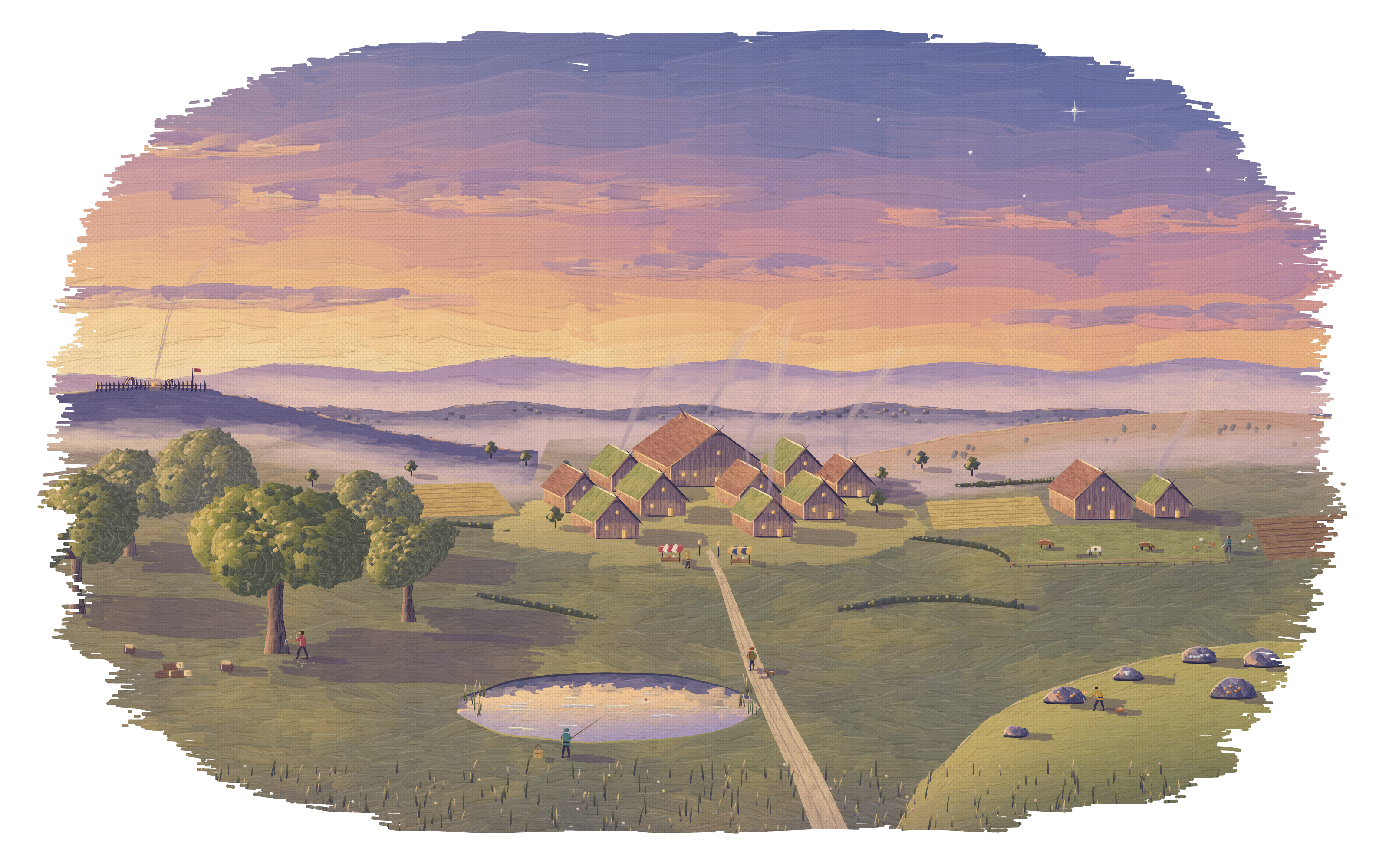 An oil painting of a valley town at evening, its windows lit gold and woodsmoke rising. Tiny people are at work around it, in the grove, on the slope and by the pond.